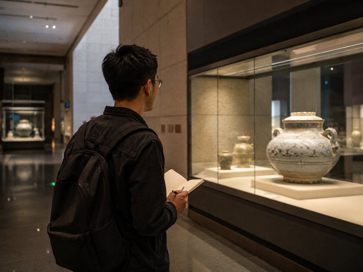 文化旅行创作者在博物馆记录展品
